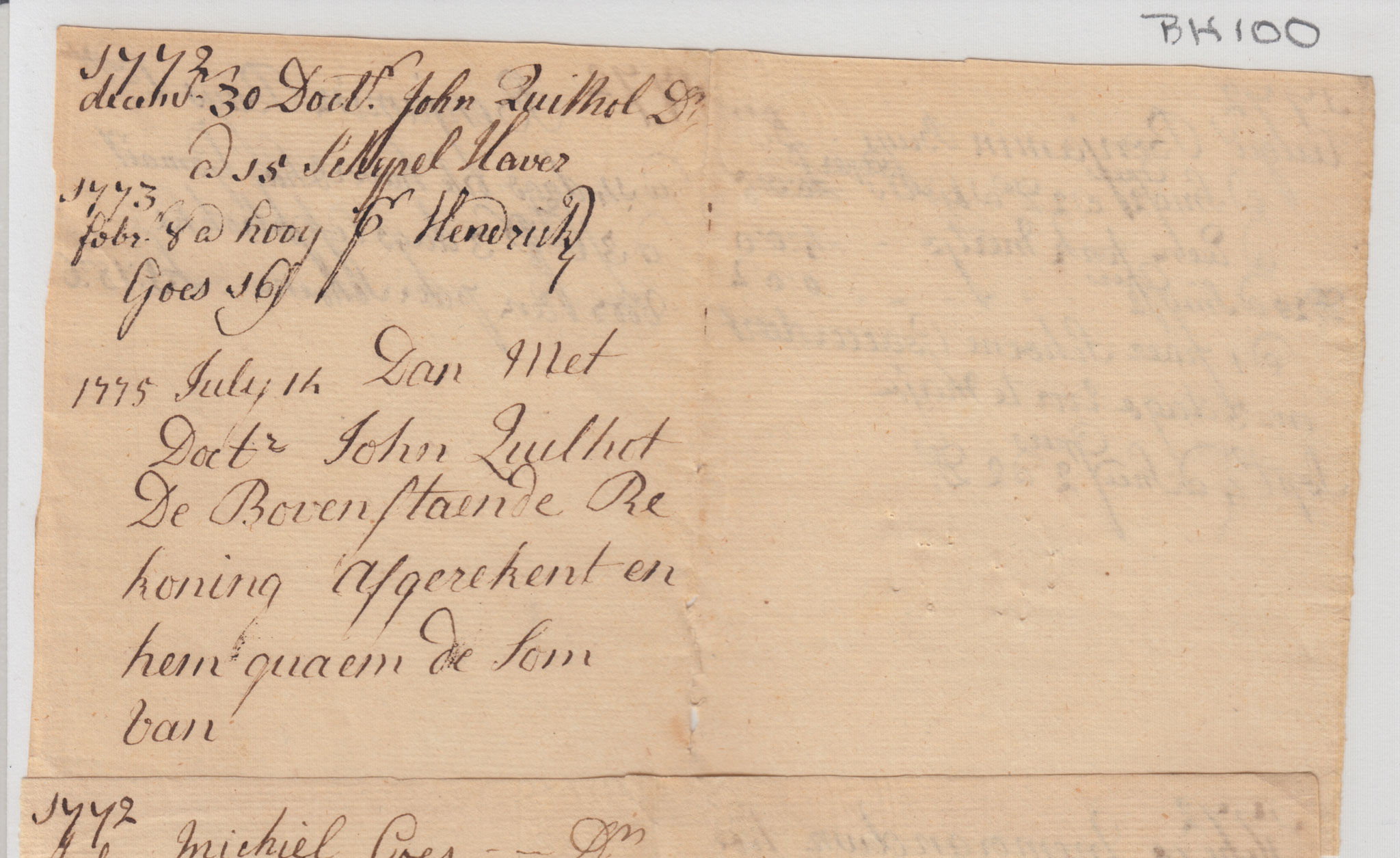 BH100, 1772 & 1773 Account Book Page of Elizabeth Huyck